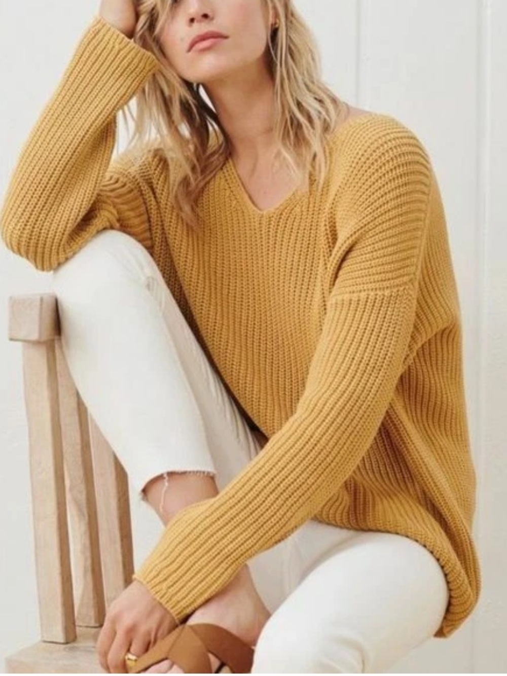 Jenni Kayne V-Neck Cotton Sweater Mustard Gold Size M